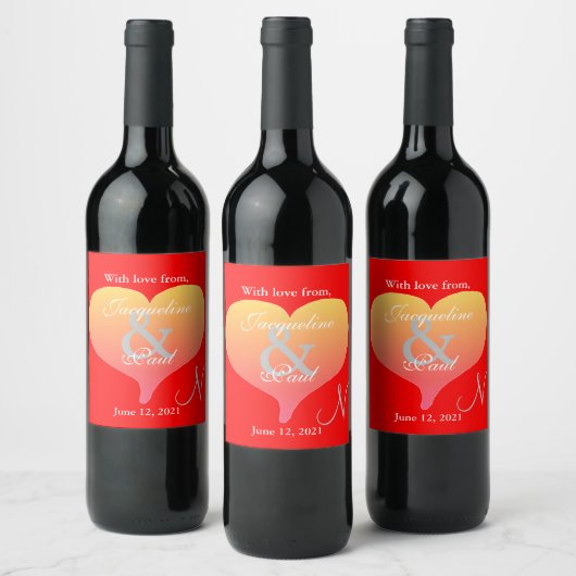 Sunset Heart Red Wedding Monogram Labels Weinetikett (Flaschen)