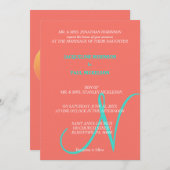 Sunset Hearts Monogram Coral Turquoise Einladung (Vorne/Hinten)