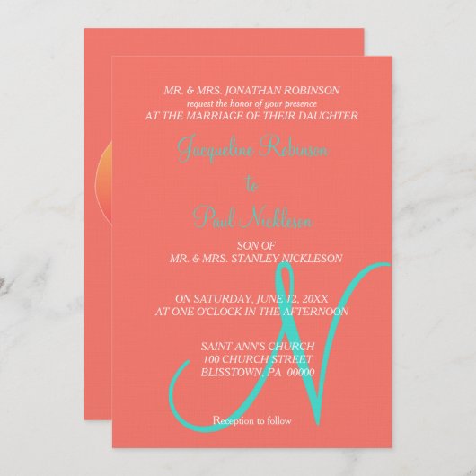 Sunset Hearts Monogram Coral Turquoise Einladung (Vorne/Hinten)