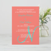 Sunset Hearts Monogram Coral Turquoise Einladung (Stehend Vorderseite)