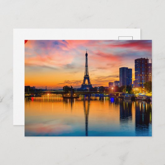 Sunset in Paris, Frankreich. Eiffelturm auf Seine Postkarte (Vorne/Hinten)