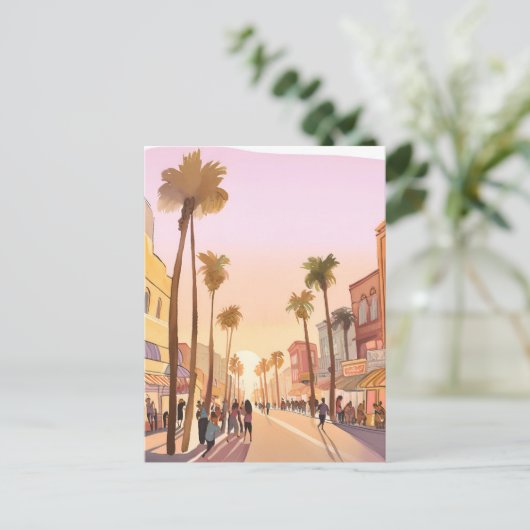 Sunset Küstenstadt | Palm Tree Coastal Postkarte (Stehend Vorderseite)