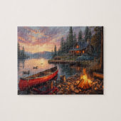 Sunset Lake Cabin Canoe Campfire Scenery Puzzle (Horizontal)