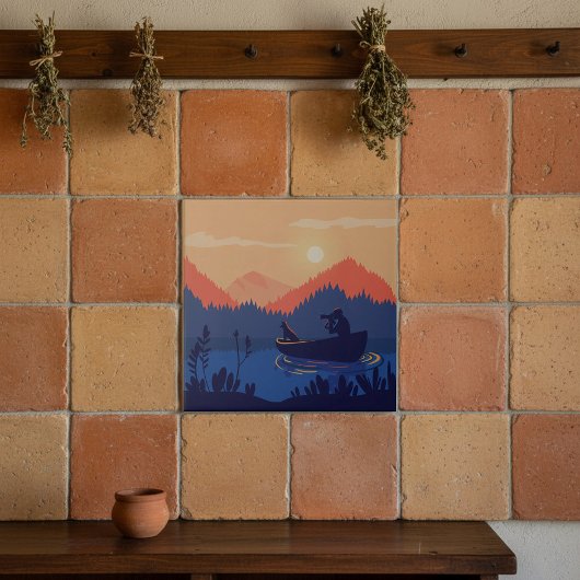 Sunset Lake Canoe Illustration Fliese