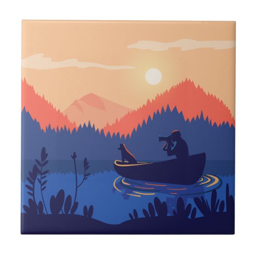 Sunset Lake Canoe Illustration Fliese (Vorderseite)