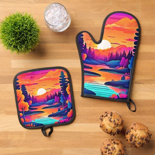 Sunset Lake Fantasy Art Ofenhandschuh & Topflappen-Set (Oben Unten)