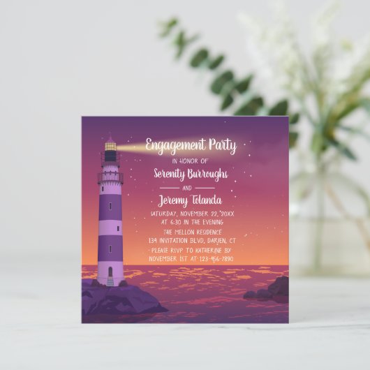 Sunset Lighthouse Lila Nautical Engagement Party Einladung (Stehend Vorderseite)