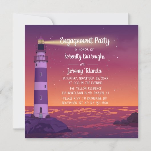 Sunset Lighthouse Lila Nautical Engagement Party Einladung (Vorderseite)