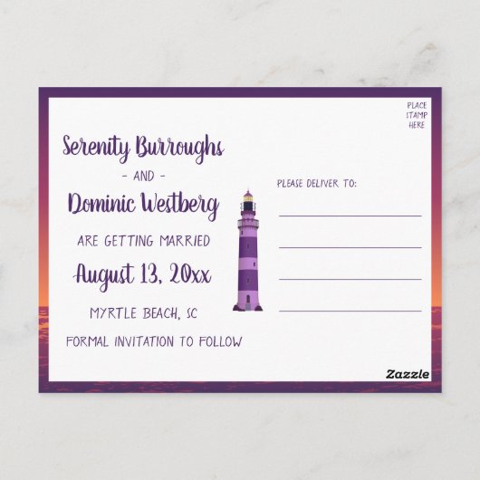 Sunset Lighthouse Nautical Wedding Save the Date Postkarte (Rückseite)