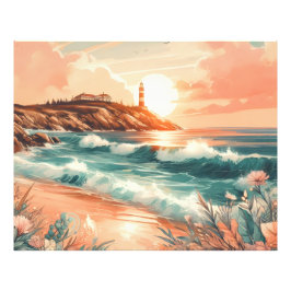 Sunset Lighthouse Ocean Beach Boho Floral Fotodruck