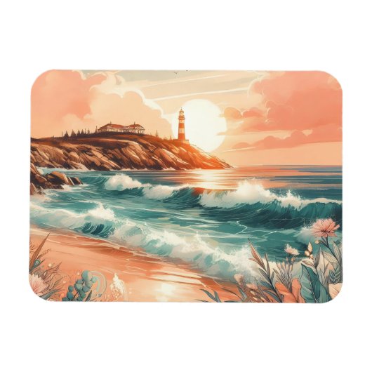 Sunset Lighthouse Ocean Beach Boho Floral Magnet (Horizontal)