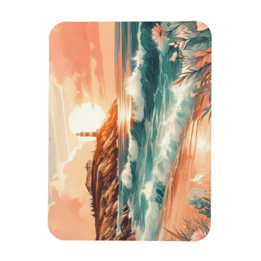 Sunset Lighthouse Ocean Beach Boho Floral Magnet (Vertikal)