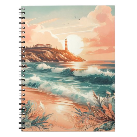 Sunset Lighthouse Ocean Beach Boho Floral Notizblock (Vorderseite)