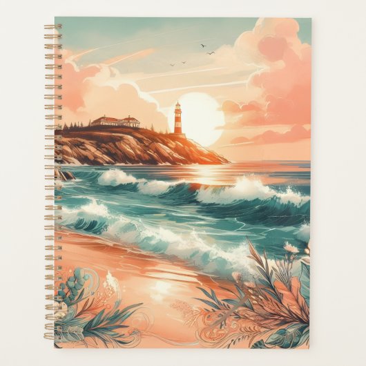 Sunset Lighthouse Ocean Beach Boho Floral Planer (Vorderseite)