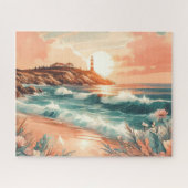 Sunset Lighthouse Ocean Beach Boho Floral Puzzle (Horizontal)