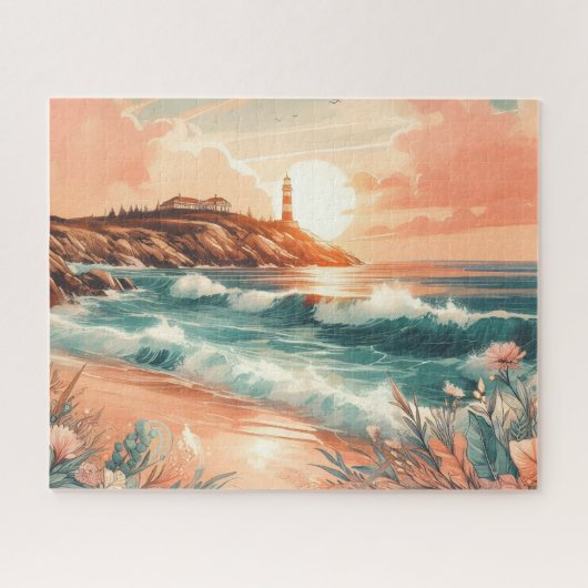 Sunset Lighthouse Ocean Beach Boho Floral Puzzle (Horizontal)