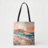 Sunset Lighthouse Ocean Beach Boho Floral Tasche (Vorderseite)