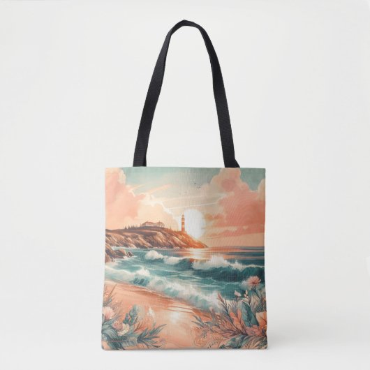 Sunset Lighthouse Ocean Beach Boho Floral Tasche (Vorderseite)