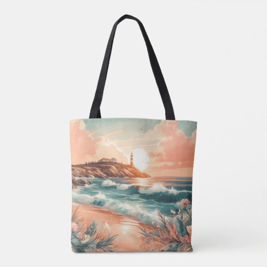 Sunset Lighthouse Ocean Beach Boho Floral Tasche (Rückseite)