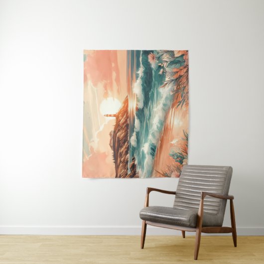 Sunset Lighthouse Ocean Beach Boho Floral Wandteppich (Beispiel)