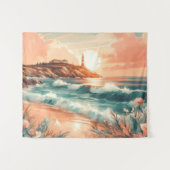 Sunset Lighthouse Ocean Beach Boho Floral Wandteppich (Vorderseite (Horizontal))
