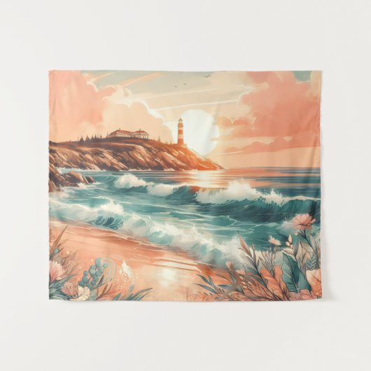 Sunset Lighthouse Ocean Beach Boho Floral Wandteppich (Vorderseite (Horizontal))