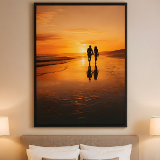 Sunset Lovers - Romantic Beach Silhouette Wall Art Poster