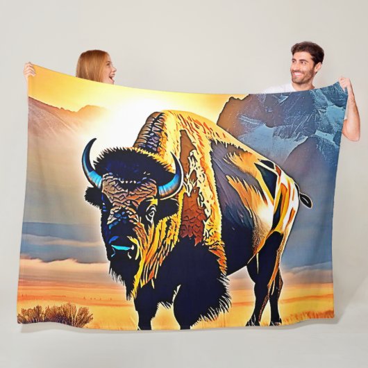 Sunset Mountain Bison Art Design Fleecedecke (Beispiel)