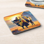 Sunset Mountain Bison Art Design Getränkeuntersetzer (Linke Seite)