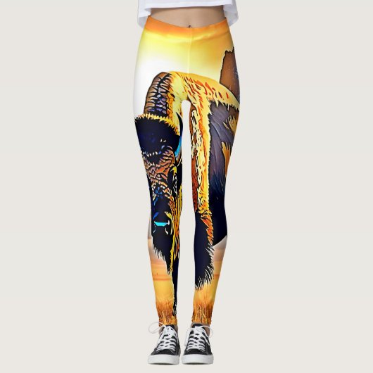 Sunset Mountain Bison Art Design Leggings (Vorderseite)