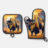 Sunset Mountain Bison Art Design Ofenhandschuh & Topflappen-Set (Vorderseite)