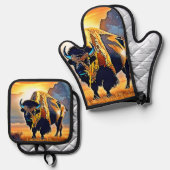 Sunset Mountain Bison Art Design Ofenhandschuh & Topflappen-Set (Vorderseite/Rückseite)