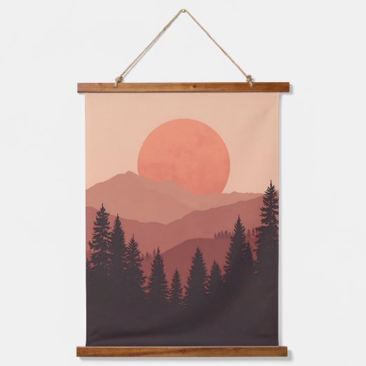 Sunset Mountain Forest Nature Illustration Wandteppich Mit Holzrahmen (Vorderseite)