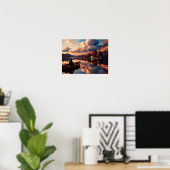 Sunset Mountain Lake & Boot Kunst Poster (Heimbüro)
