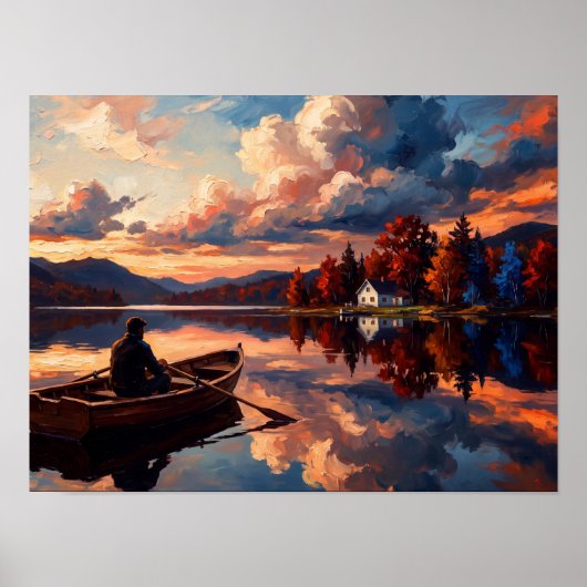 Sunset Mountain Lake & Boot Kunst Poster (Vorne)