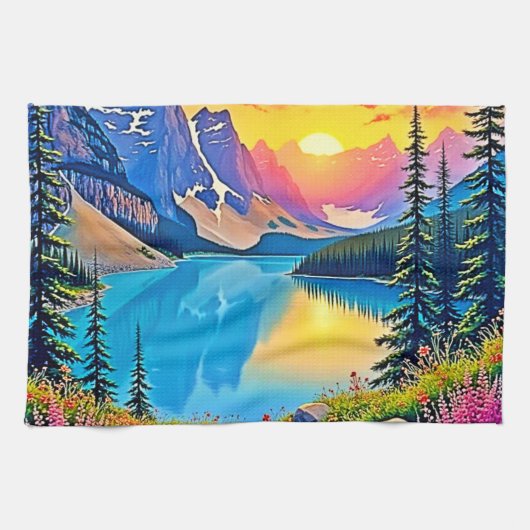 Sunset Mountain Lake Majestät Kunst Geschirrtuch (Horizontal)