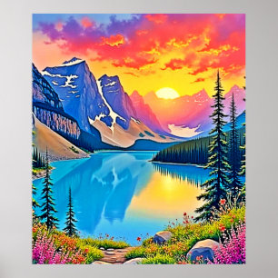 Sunset Mountain Lake Majestät Kunst Poster