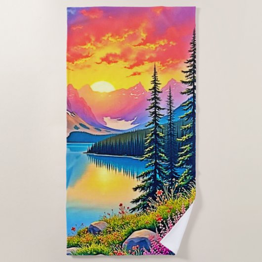 Sunset Mountain Lake Majestät Kunst Strandtuch (Vorderseite)