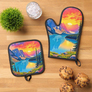 Sunset Mountain Lake Majesty Art Ofenhandschuh & Topflappen-Set