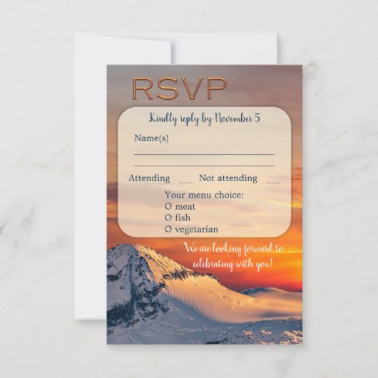 Sunset Mountains Winter Wedding Menü RSVP Karte (Vorderseite)