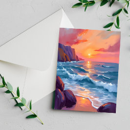 Sunset Ocean Waves Beach Watercolor Painting Card