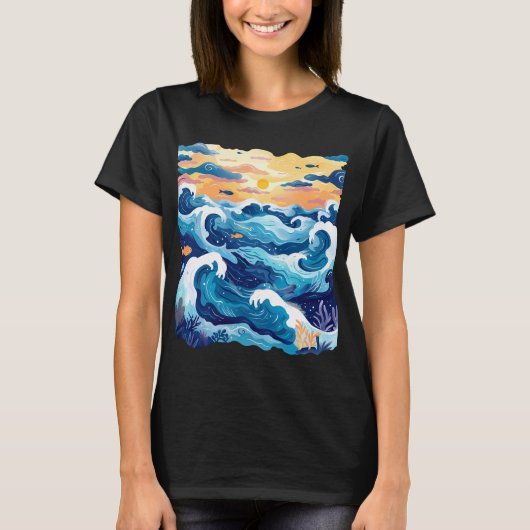 Sunset Ocean Waves T-Shirt – Artistic Sea and Sky  (Vorderseite)