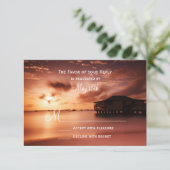 Sunset on Beach Harbour Marina Wedding RSVP Cards Karte (Stehend Vorderseite)