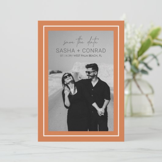 Sunset Orange Bold Border Foto Moderne Hochzeit Save The Date (Stehend Vorderseite)