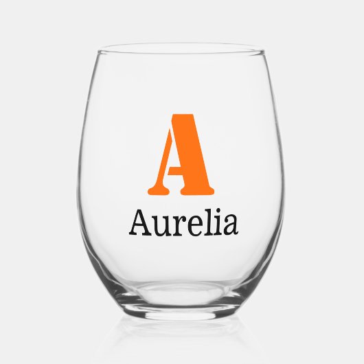 Sunset Orange Elegant Initial Black Name | Modern Weinglas Ohne Stiel (Vorderseite)