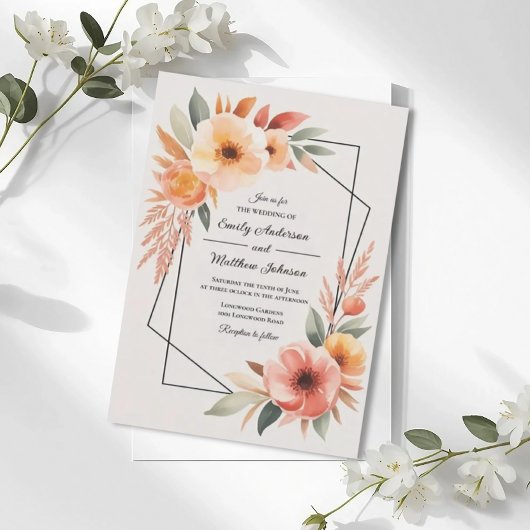 Sunset Orange Floral Frame Wedding Invitation Einladung