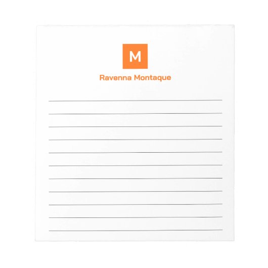 Sunset Orange Modern Lined Chic Trendy Monogram Notizblock (Vorderseite)