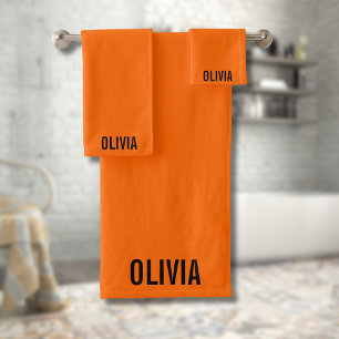 Sunset Orange Modern Name Trendy Minimalistisch Badhandtuch Set