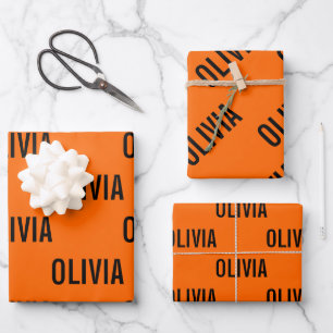Sunset Orange Modern Name Trendy Minimalistisch Geschenkpapier Set