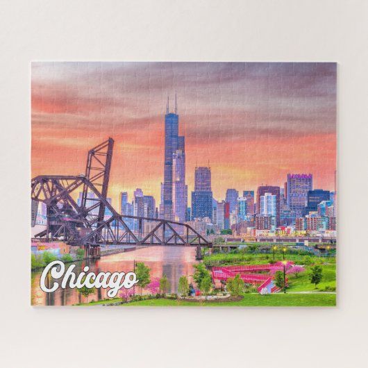 Sunset Over Chicago, Illinois, Vereinigte Staaten Puzzle (Horizontal)